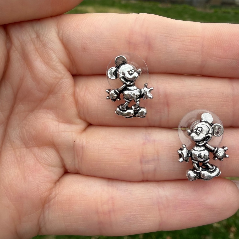 Disney Mickey Mouse Full Body Stud Earrings Silver Tone Antiqued Metal Jewelry